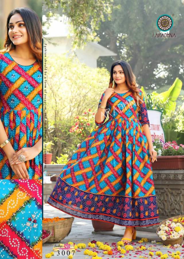 Aradhna Bandhani 3 Heavy Cotton Festive Wear Cotton Anarkali Long Kurti Collection